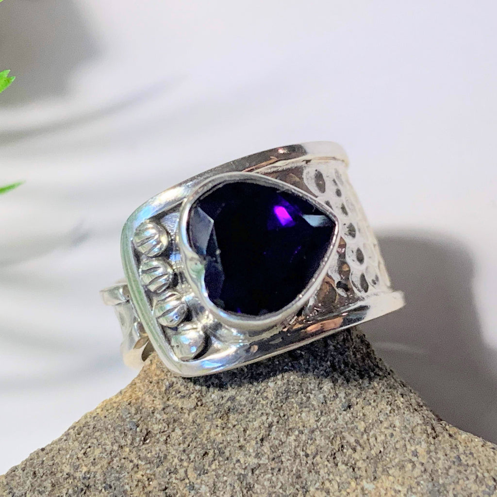 Faceted Deep Purple Amethyst Heart Sterling Silver Ring (Size Adjustable~ 6.5-7.5) - Earth Family Crystals