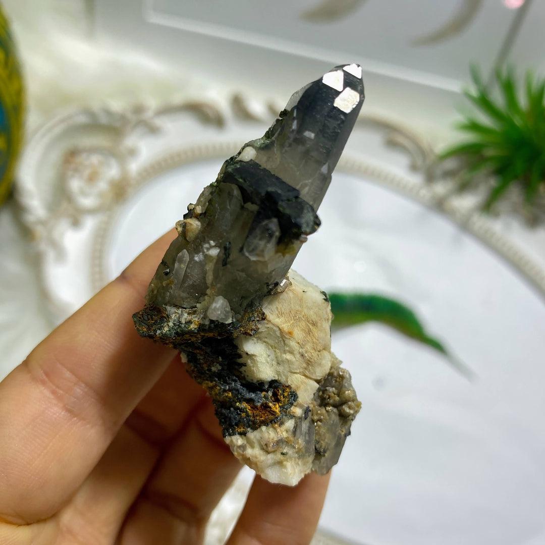 Smoky Quartz & Aegirine Crystal Nestled On Feldspar Collectors Specimen ~Locality Mount Malosa, Zomba, Malawi, Africa - Earth Family Crystals