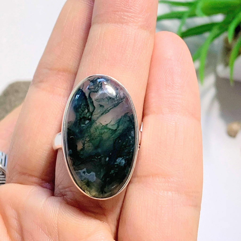 Deep Green Moss Agate Ring in Sterling Silver (Size: 8) - Earth Family Crystals