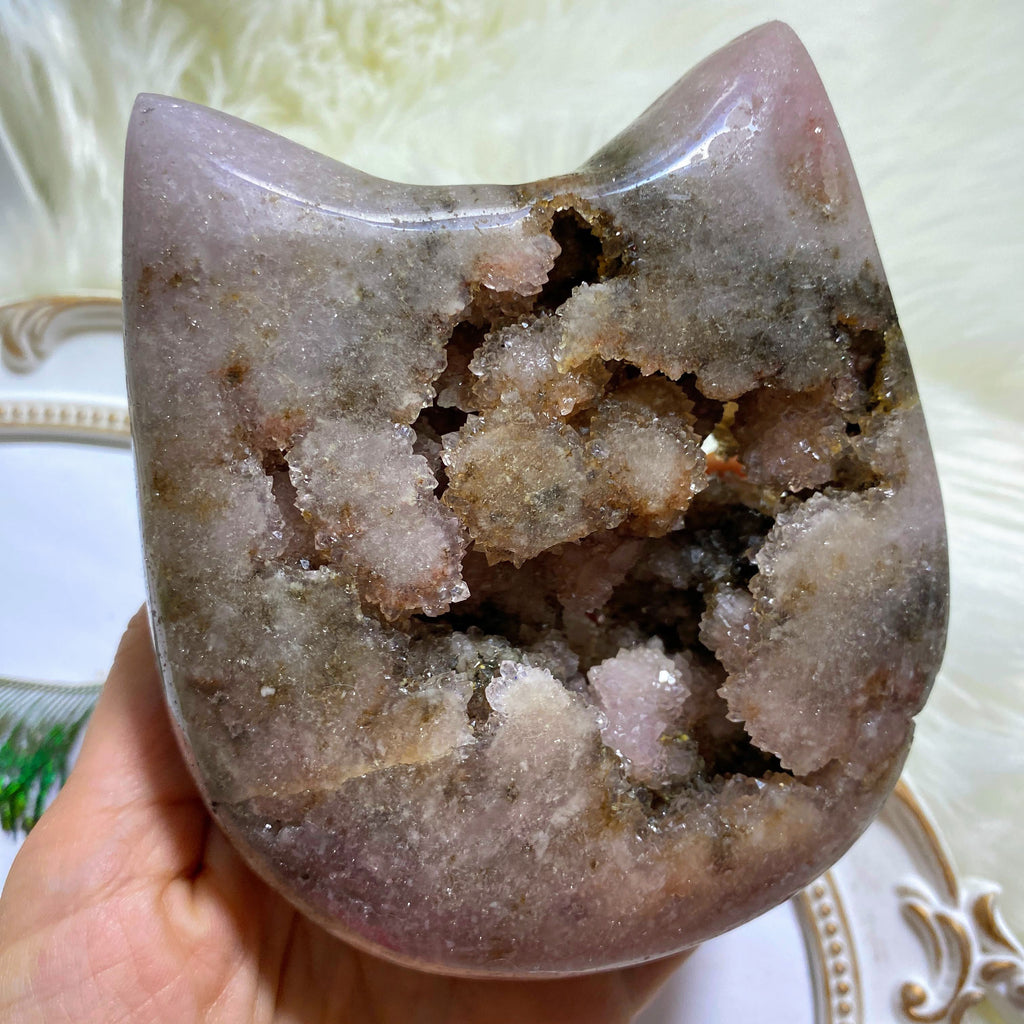 Pink Amethyst  XL Geode Cat Display Carving Partially Polished - Earth Family Crystals