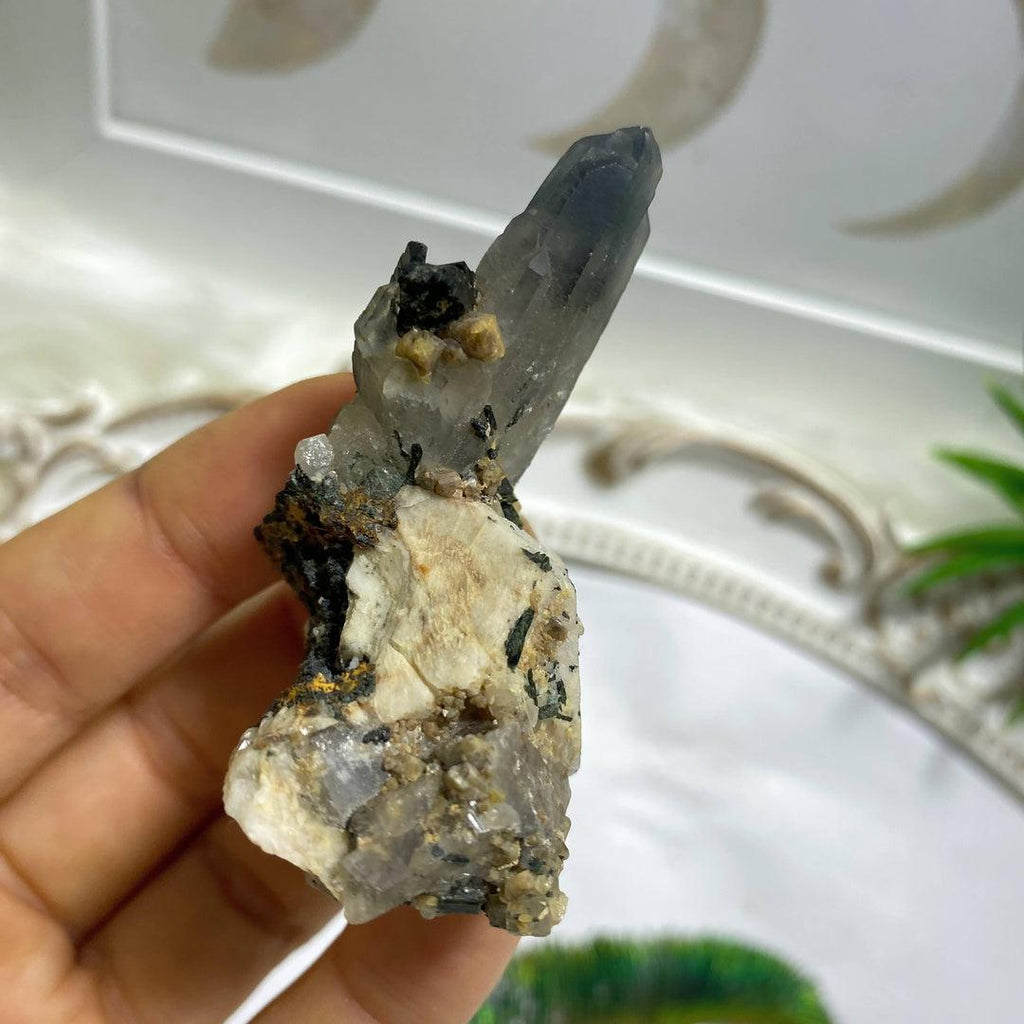 Smoky Quartz & Aegirine Crystal Nestled On Feldspar Collectors Specimen ~Locality Mount Malosa, Zomba, Malawi, Africa - Earth Family Crystals