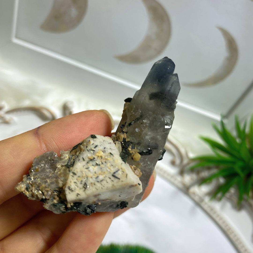 Smoky Quartz & Aegirine Crystal Nestled On Feldspar Collectors Specimen ~Locality Mount Malosa, Zomba, Malawi, Africa - Earth Family Crystals
