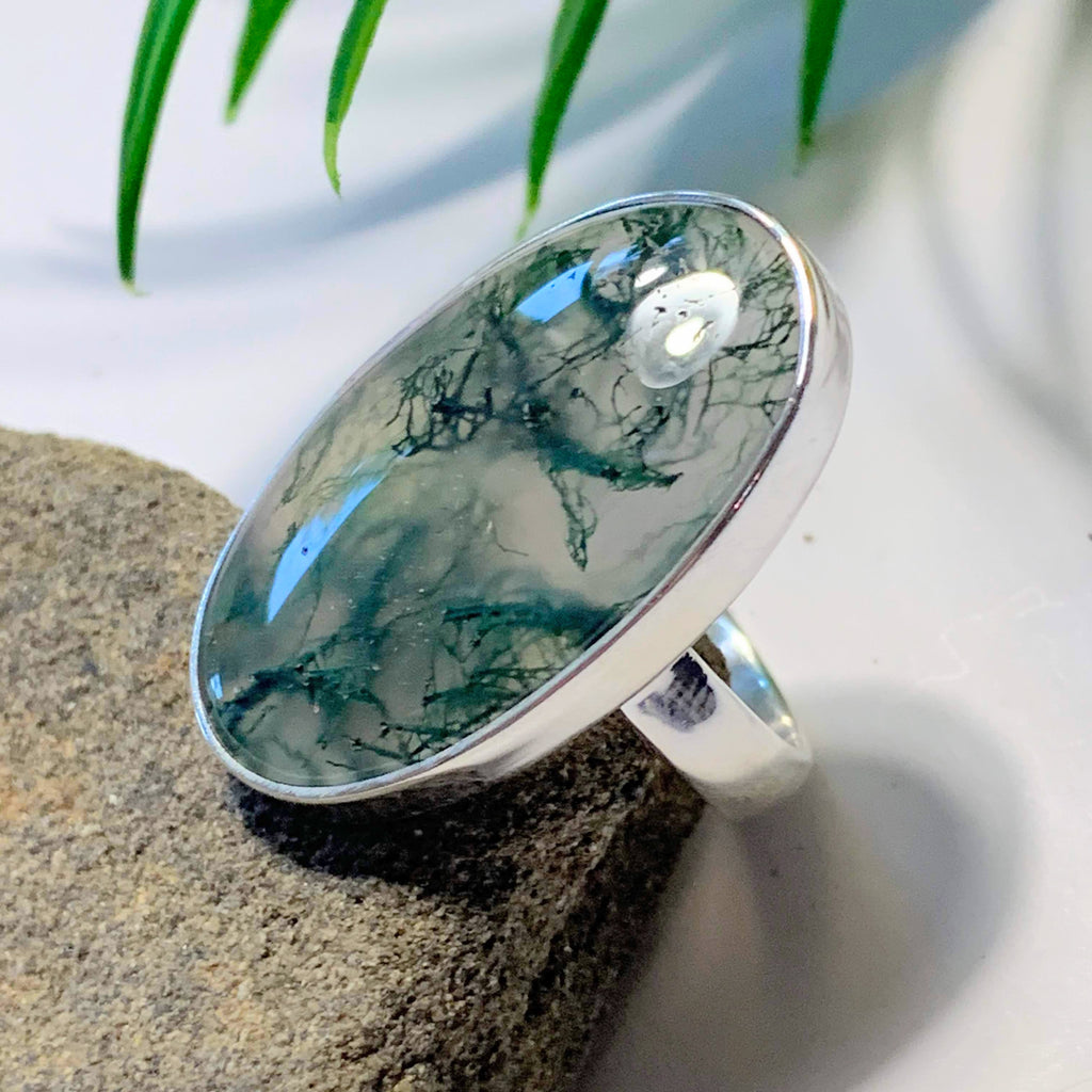 Deep Green Moss Agate Ring in Sterling Silver (Size: 6.5) - Earth Family Crystals