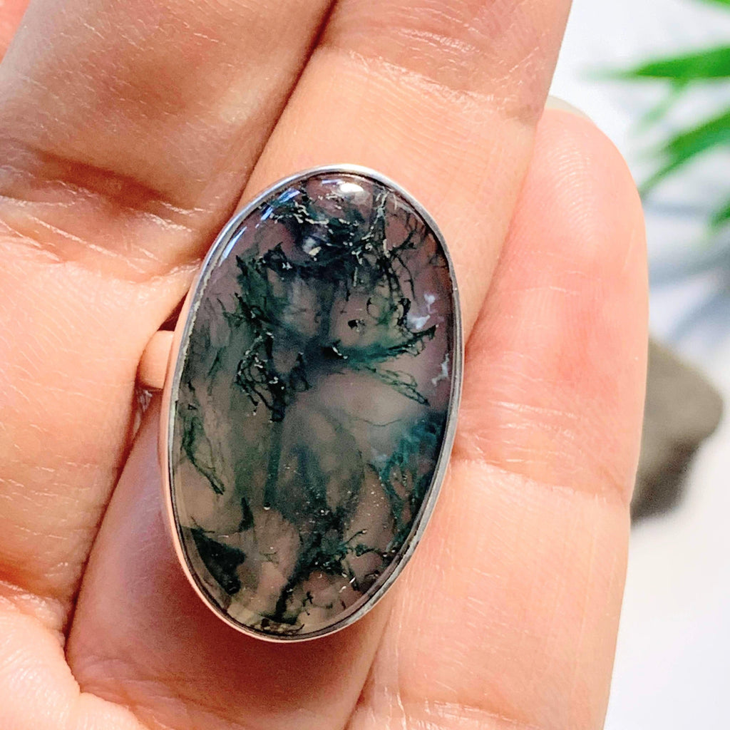 Deep Green Moss Agate Ring in Sterling Silver (Size: 6.5) - Earth Family Crystals