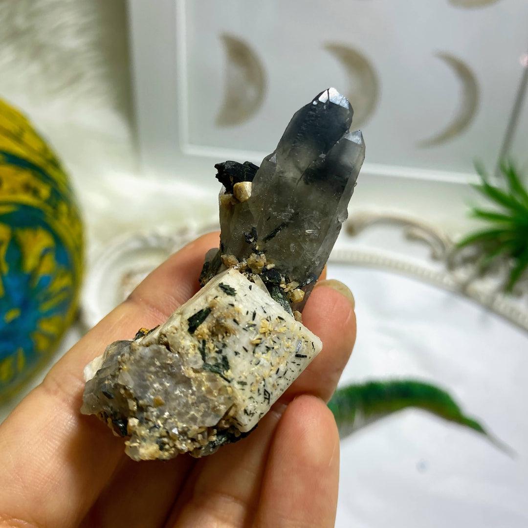 Smoky Quartz & Aegirine Crystal Nestled On Feldspar Collectors Specimen ~Locality Mount Malosa, Zomba, Malawi, Africa - Earth Family Crystals