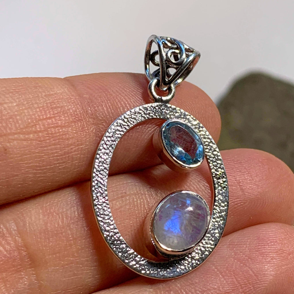 Elegant Faceted Blue Topaz & Rainbow Moonstone Sterling Silver Pendant (Includes Silver Chain) - Earth Family Crystals