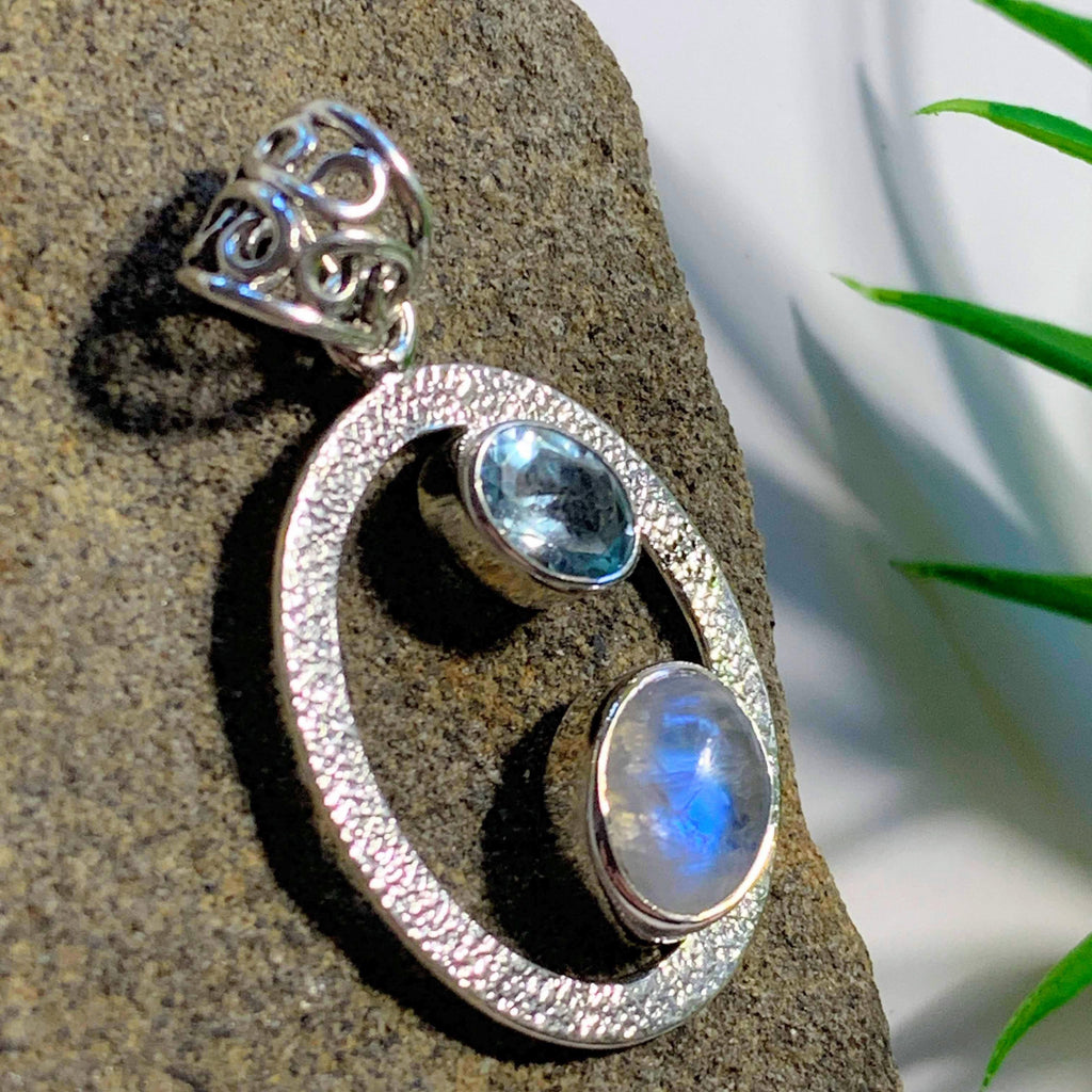 Elegant Faceted Blue Topaz & Rainbow Moonstone Sterling Silver Pendant (Includes Silver Chain) - Earth Family Crystals