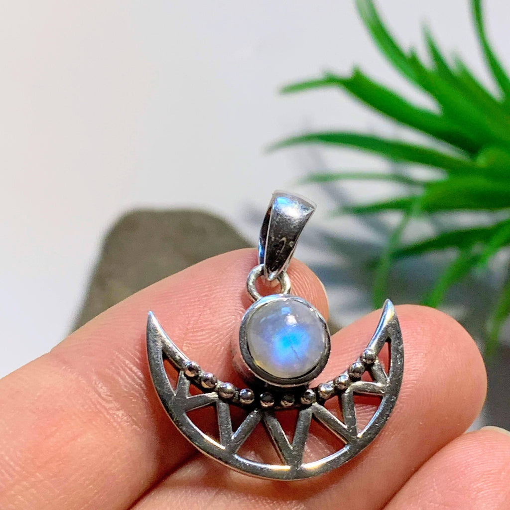 Trendy Crescent Moon & Rainbow Moonstone Sterling Silver Pendant (Includes Silver Chain) - Earth Family Crystals