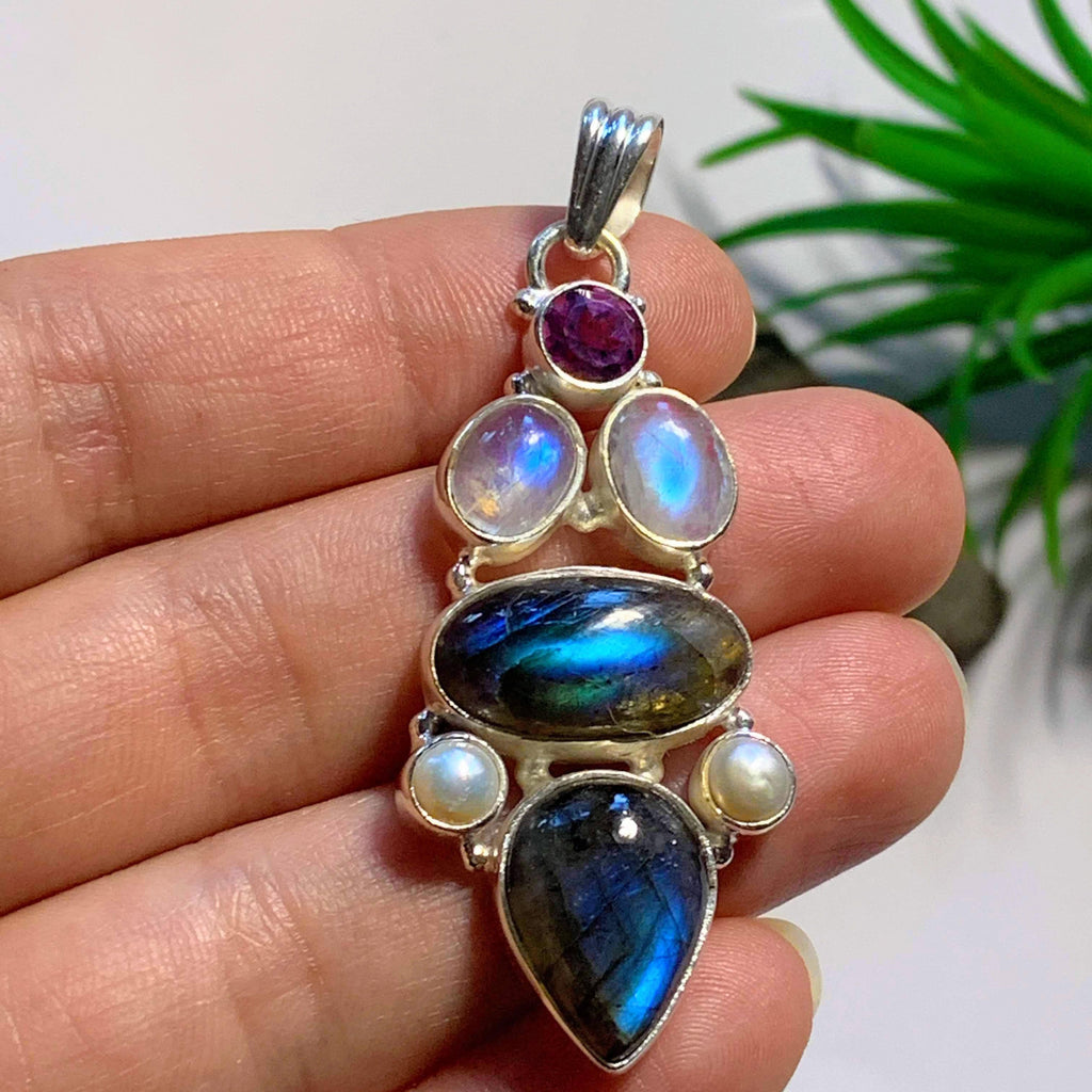 Incredible Faceted Amethyst, Flashy Labradorite,Rainbow Moonstone & Pearl Large Sterling Silver Pendant (Includes Silver Chain) - Earth Family Crystals