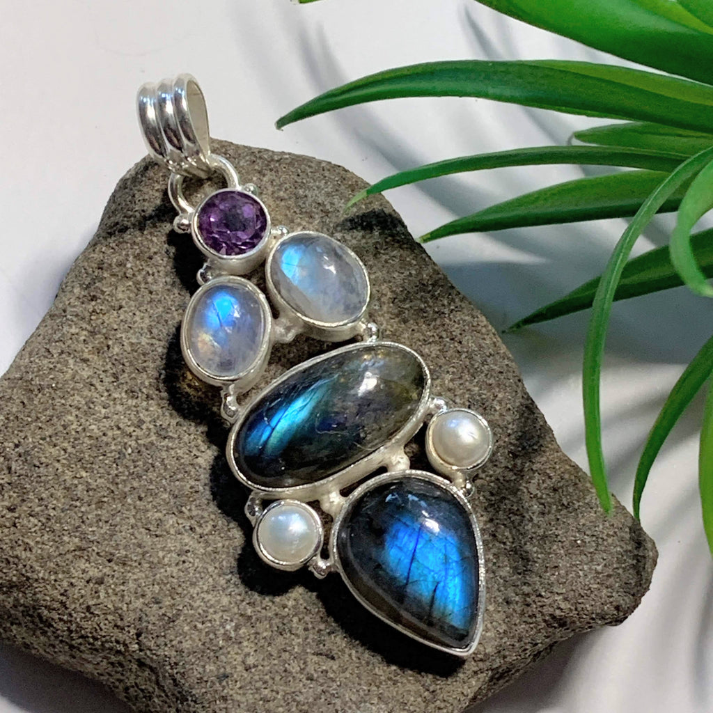 Incredible Faceted Amethyst, Flashy Labradorite,Rainbow Moonstone & Pearl Large Sterling Silver Pendant (Includes Silver Chain) - Earth Family Crystals