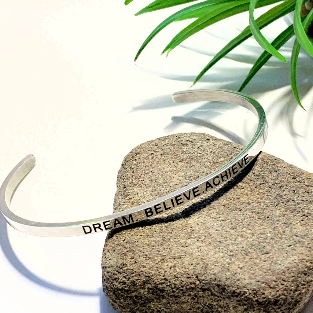 'Dream-Believe-Achieve' Stainless Steel Adjustable Cuff Bracelet - Earth Family Crystals