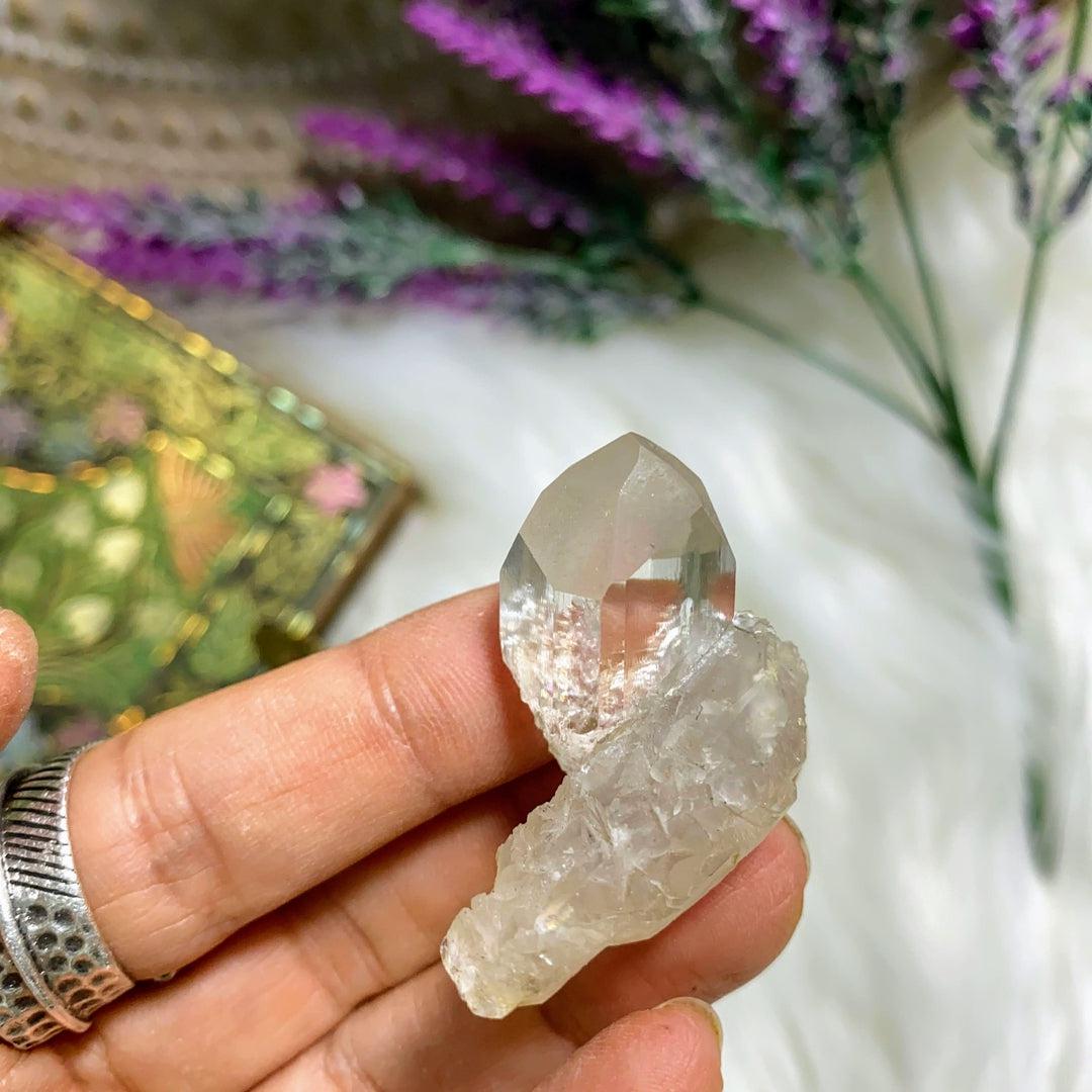 Terminated Clear Topaz Natural Specimen Nestled on Elestial Quartz Matrix - Earth Family Crystals