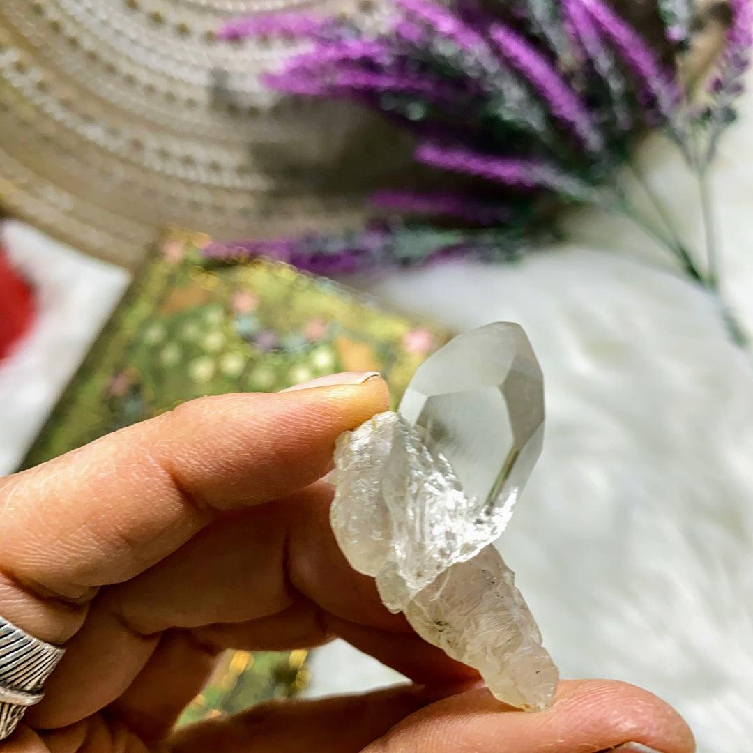 Terminated Clear Topaz Natural Specimen Nestled on Elestial Quartz Matrix - Earth Family Crystals