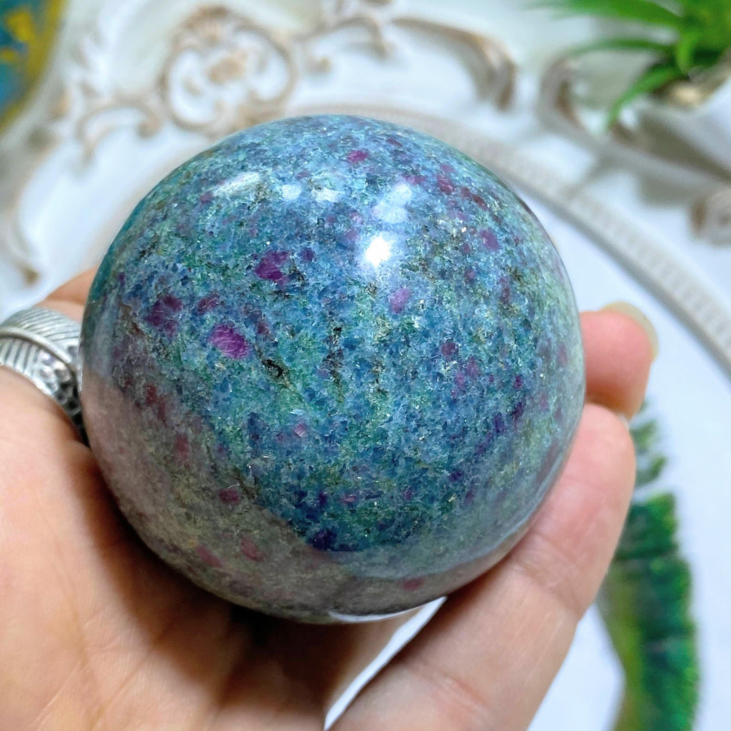 Stunning Ruby Fuchsite Large Sphere Carving With Kyanite Inclusions From India #2 - Earth Family Crystals