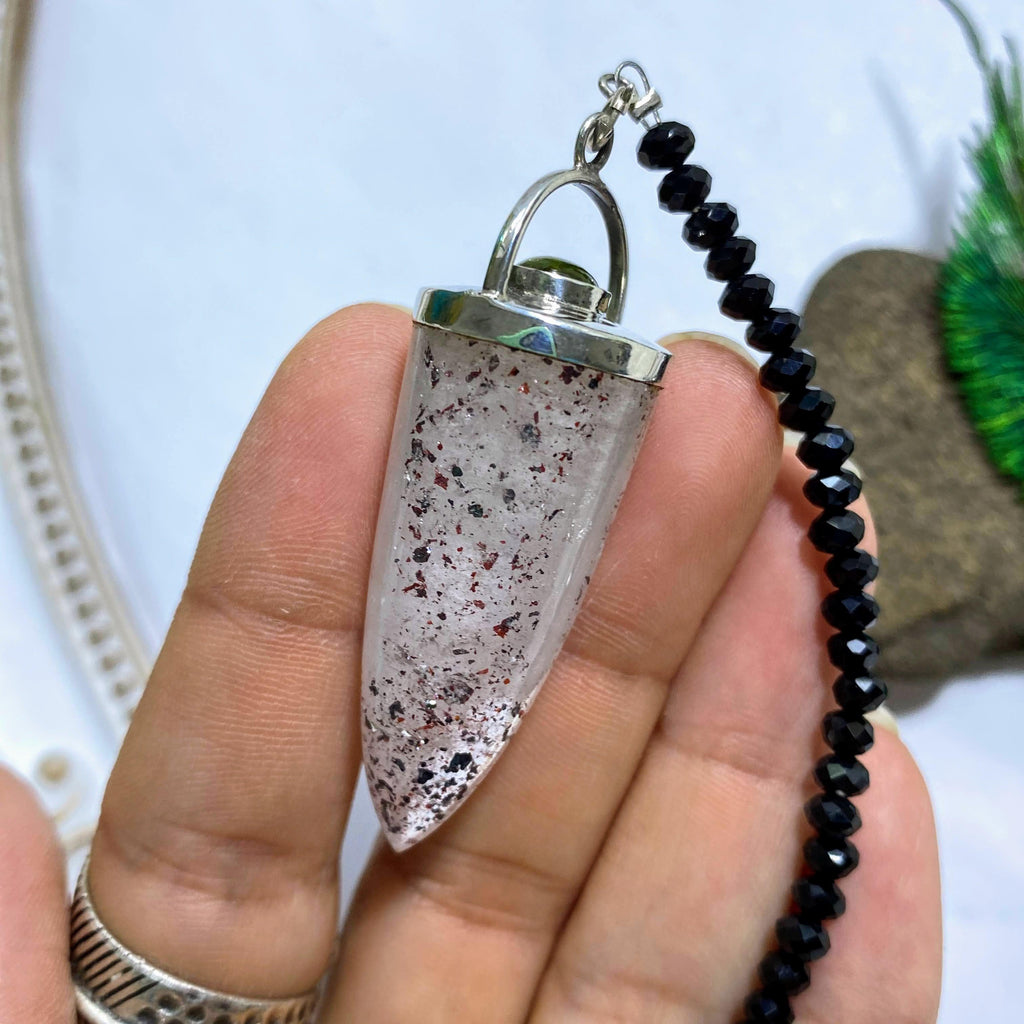 Rare Cacoxenite in Quartz Pendulum With Peridot Crystal & Detachable Beaded Cord *REDUCED - Earth Family Crystals