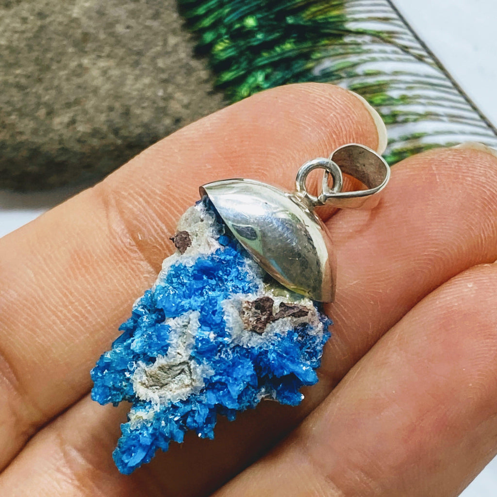 Natural Cavansite On Matrix Pendant  in Sterling Silver (Includes Silver Chain) - Earth Family Crystals