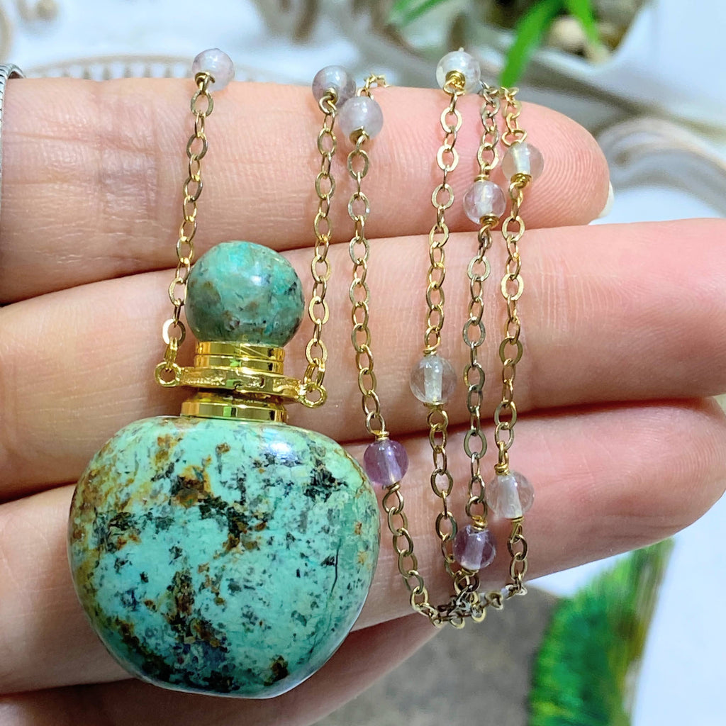 The Original ~High Quality Blue/Green Jasper Essential Oil/Perfume Bottle Necklace (24 inch Beaded Fluorite Gold Chain) - Earth Family Crystals