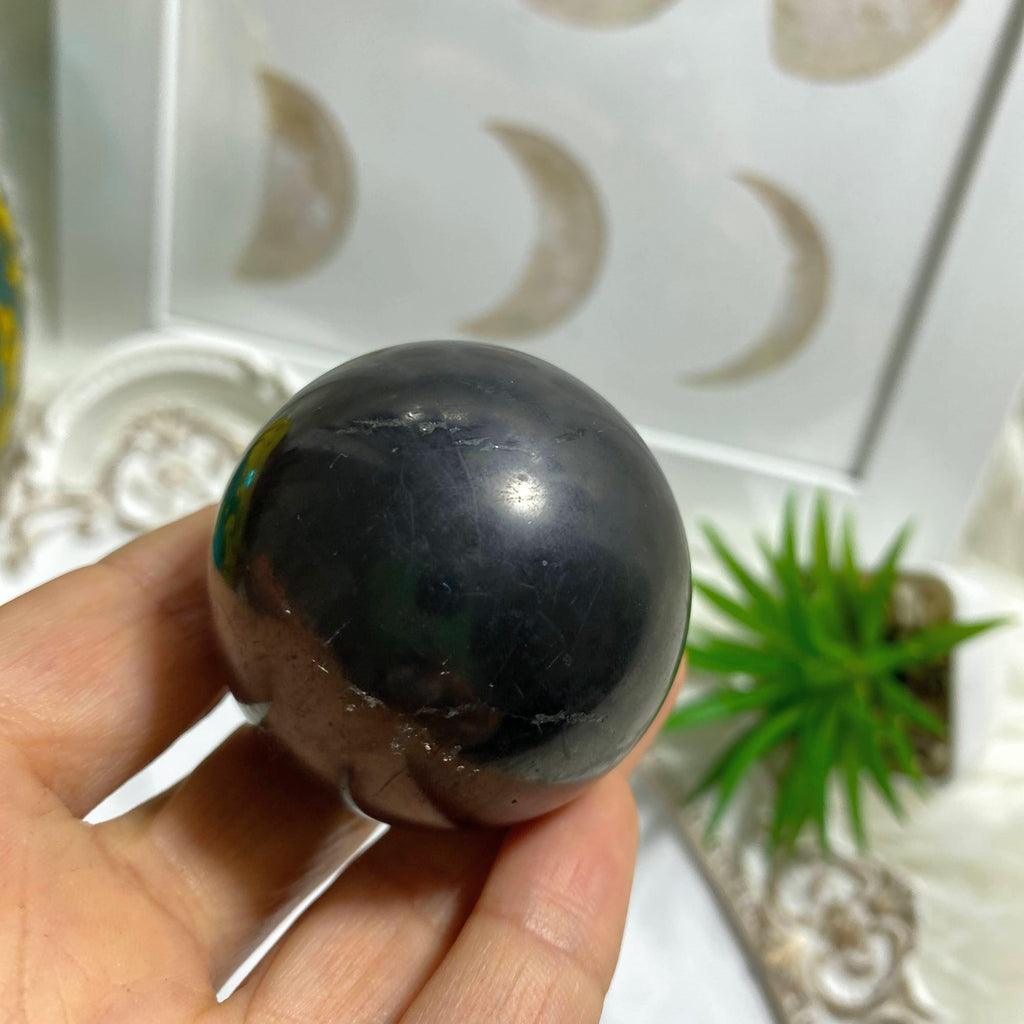 Polished Shungite Medium Sphere From Russia (Includes Wood Stand) - Earth Family Crystals
