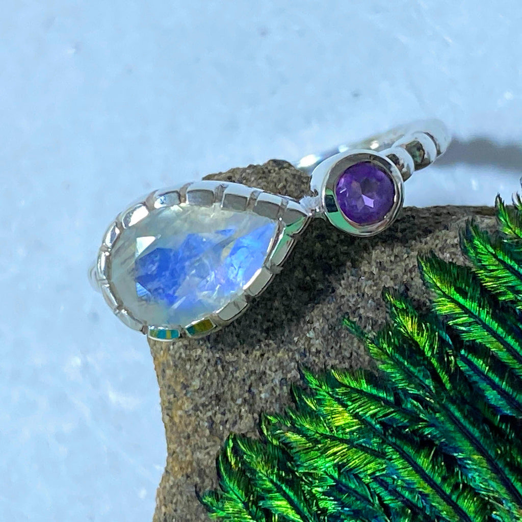 Faceted Rainbow Moonstone & Amethyst Sterling Silver Ring (Size 8) - Earth Family Crystals