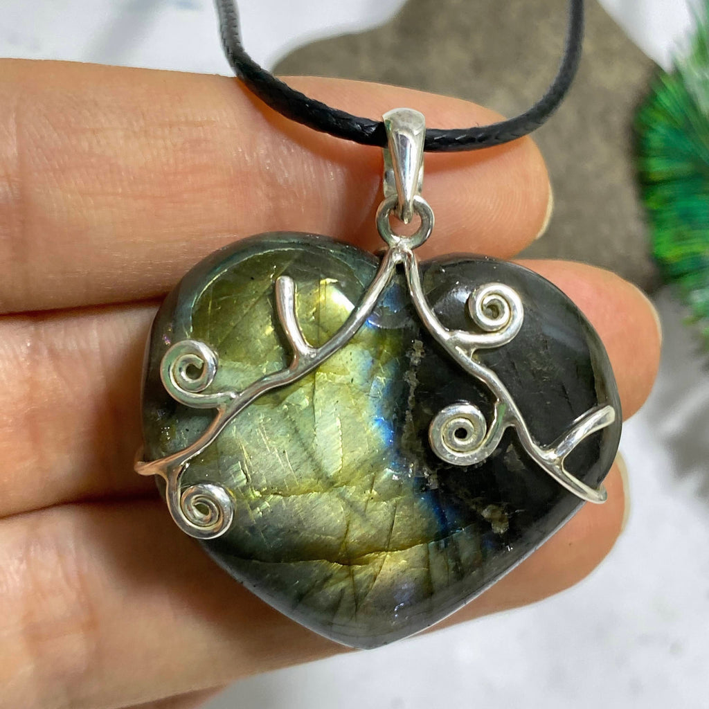 Chunky Labradorite Heart Sterling Silver Pendant (On adjustable Cord) #1 - Earth Family Crystals