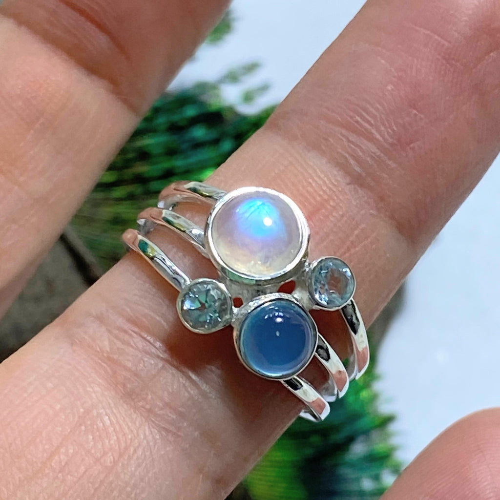 Pretty Rainbow Moonstone, Blue Topaz & Chalcedony Sterling Silver Ring (Size 7) - Earth Family Crystals
