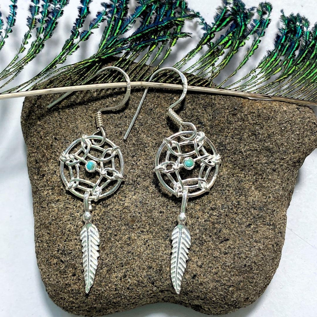 Genuine Turquoise Dream Catcher Sterling Silver Earrings - Earth Family Crystals