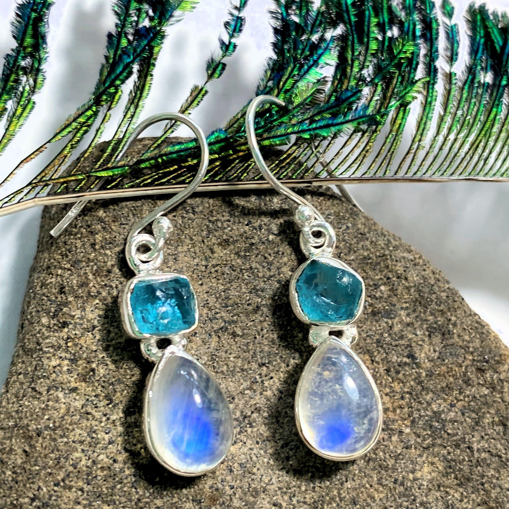 Blue Apatite & Rainbow Moonstone Sterling Silver Earrings - Earth Family Crystals