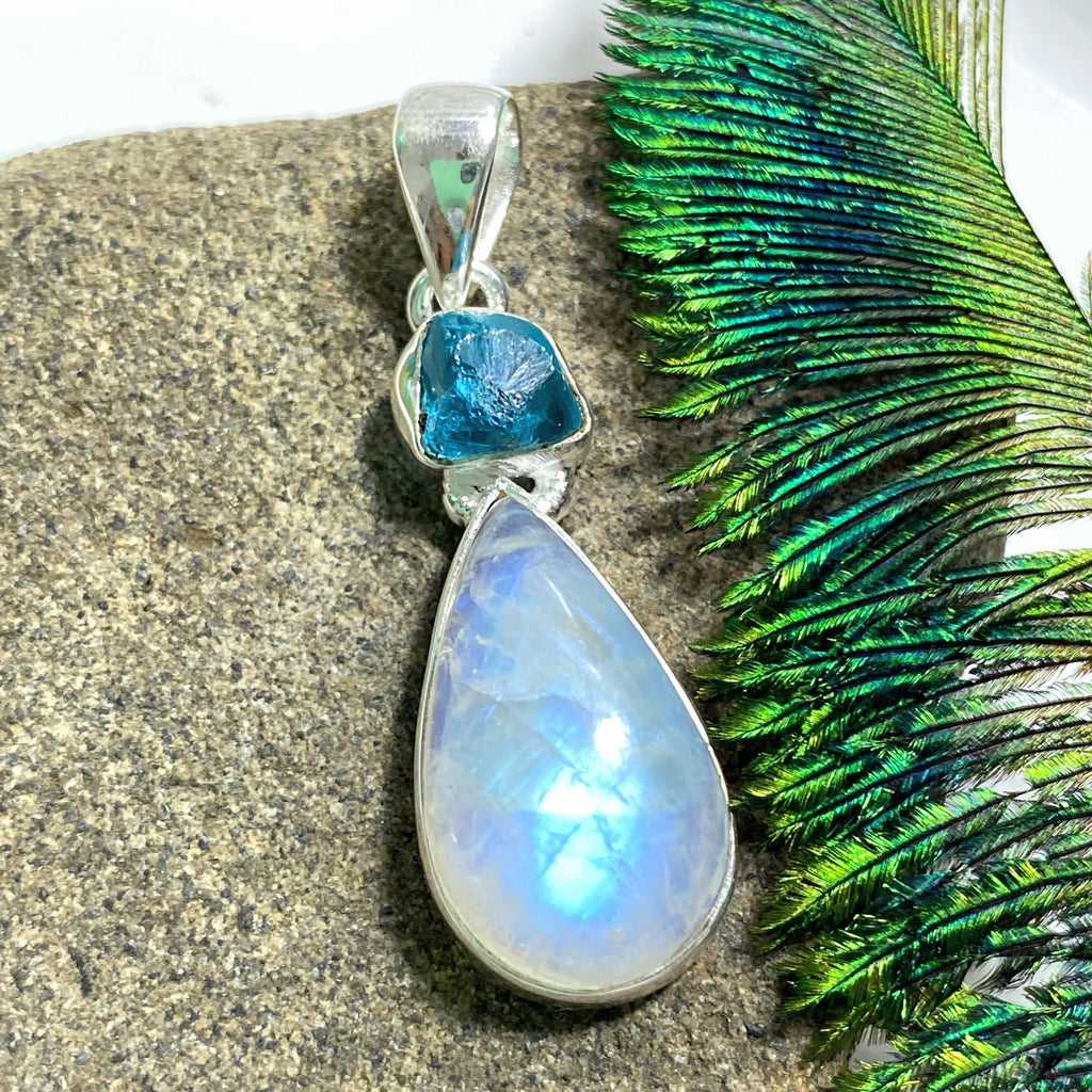 Blue Apatite & Rainbow Moonstone Sterling Silver Pendant (Includes Silver Chain) REDUCED - Earth Family Crystals