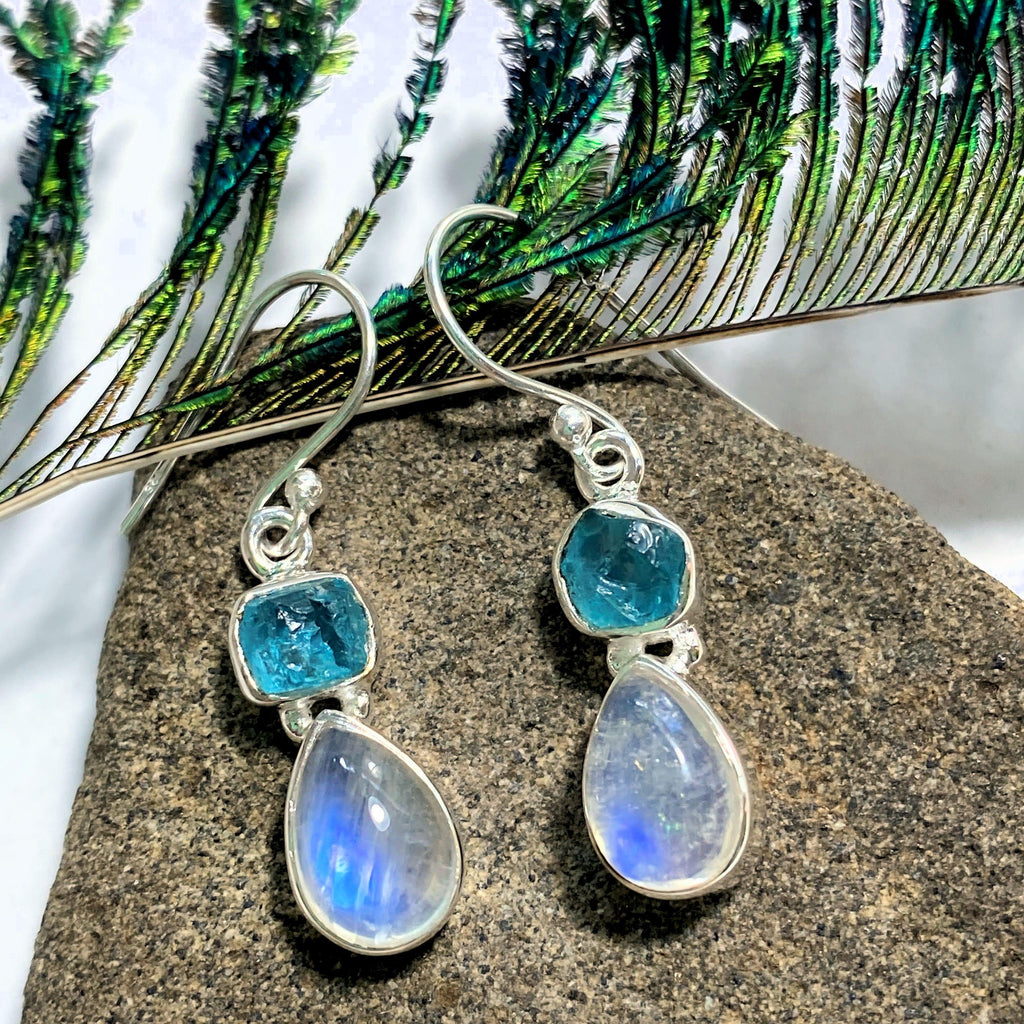 Blue Apatite & Rainbow Moonstone Sterling Silver Earrings - Earth Family Crystals