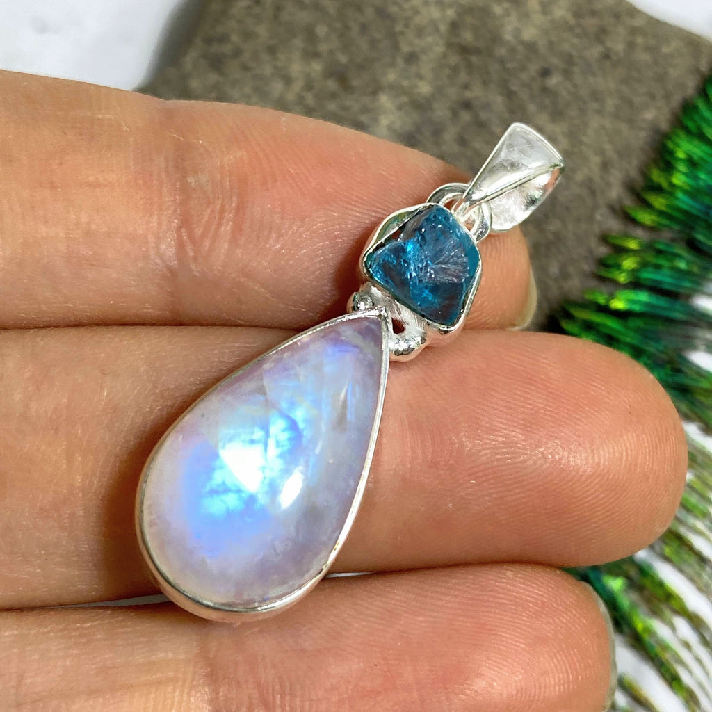 Blue Apatite & Rainbow Moonstone Sterling Silver Pendant (Includes Silver Chain) REDUCED - Earth Family Crystals