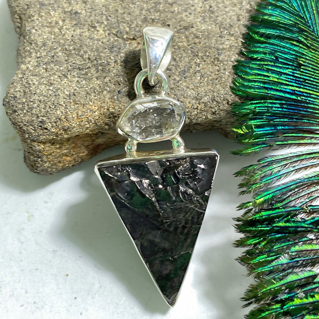 Noble (Elite) Shungite & Herkimer Diamond  Sterling Silver Pendant (Includes Silver Chain) - Earth Family Crystals