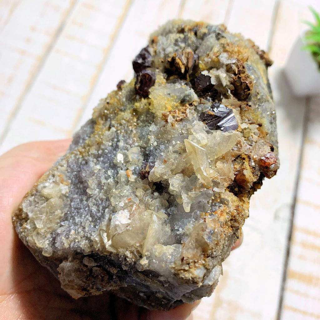 Incredible Deep Burgundy Garnets Nestled With Quartz & Golden Calcite Chunky Specimen - Earth Family Crystals