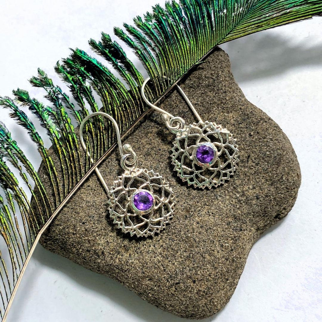 Faceted Amethyst Mandala Sterling Silver Earrings - Earth Family Crystals