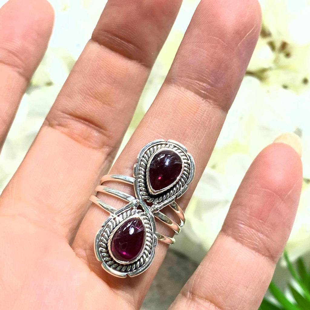 Double Red Garnet Statement Ring in Sterling Silver (Size 8) REDUCED - Earth Family Crystals