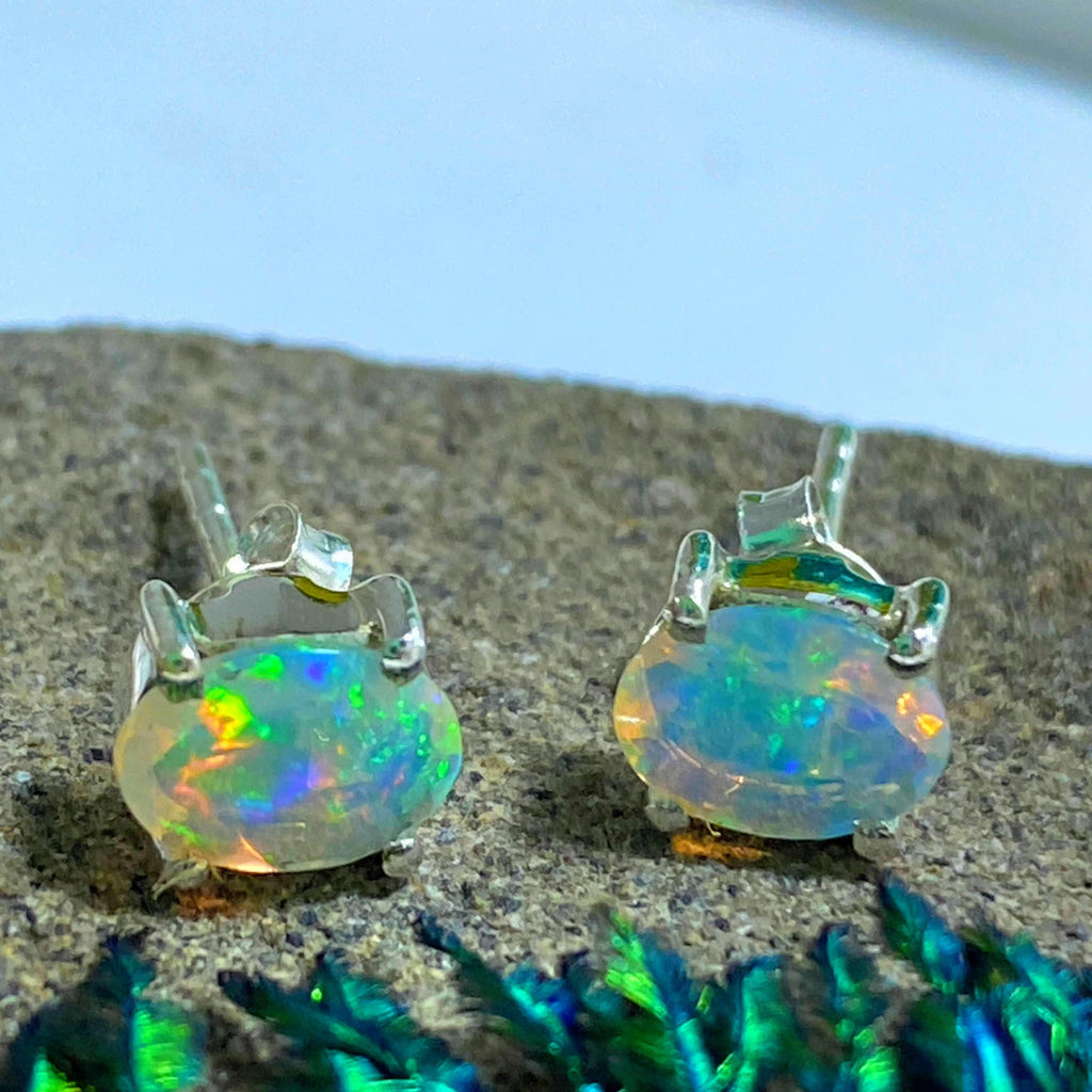 Gorgeous Flash Faceted Ethiopian Opal Sterling Silver Stud Earrings - Earth Family Crystals