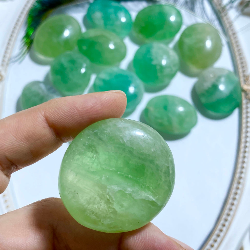 One Green Fluorite Small Palm Stone ~Locality Madagascar - Earth Family Crystals