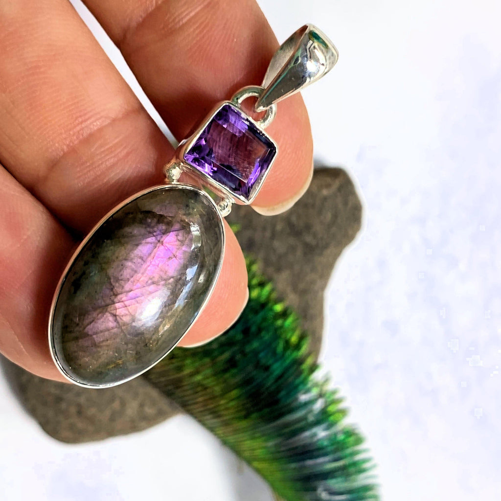 Rare Purple/Pink Labradorite & Faceted Amethyst Sterling Silver Pendant (Includes Silver Chain) #1 - Earth Family Crystals