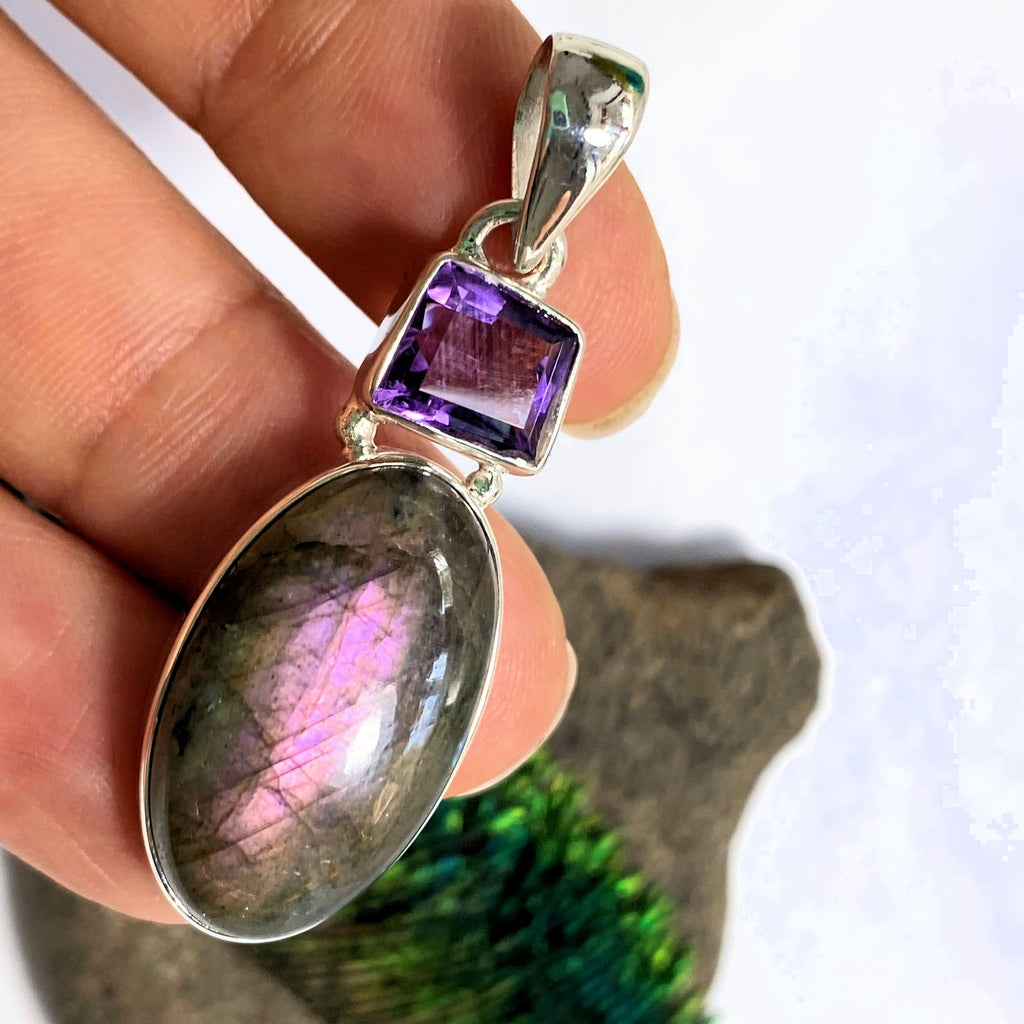 Rare Purple/Pink Labradorite & Faceted Amethyst Sterling Silver Pendant (Includes Silver Chain) #1 - Earth Family Crystals