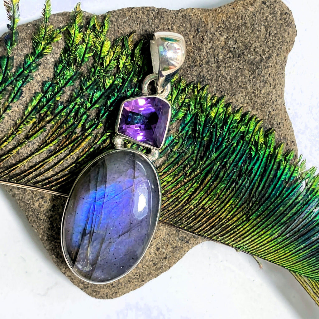 Rare Purple/Pink Labradorite & Faceted Amethyst Sterling Silver Pendant (Includes Silver Chain) #2 - Earth Family Crystals
