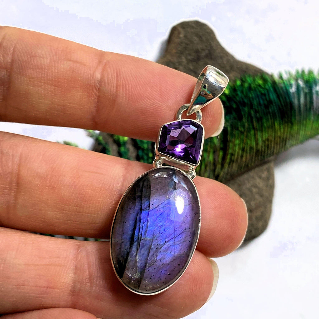 Rare Purple/Pink Labradorite & Faceted Amethyst Sterling Silver Pendant (Includes Silver Chain) #2 - Earth Family Crystals