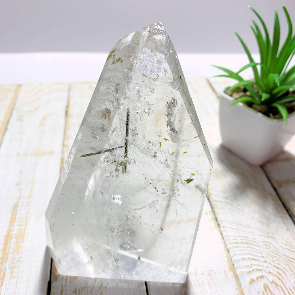 Stunning Clear Quartz Display Specimen With Green Tourmaline Inclusions ~Locality Brazil - Earth Family Crystals