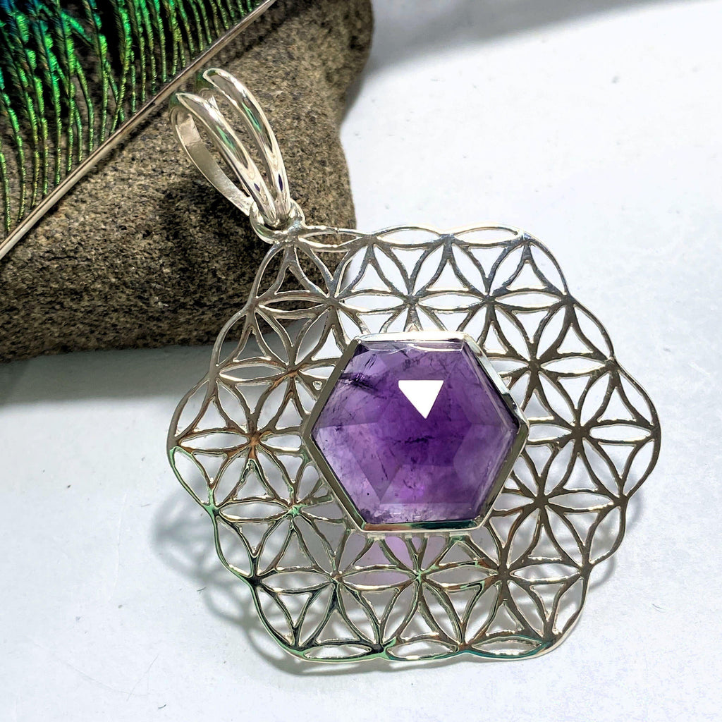 Beautiful Sacred Geometry Mandala Faceted Amethyst  Sterling Silver Pendant (Includes Silver Chain) - Earth Family Crystals