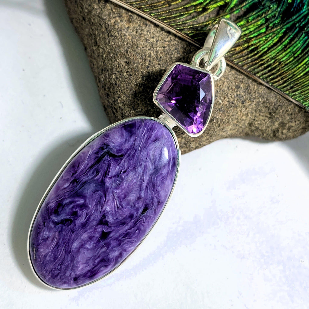 Beautiful Large Silky Purple Charoite & Faceted Amethyst Pendant In Sterling Silver (Includes Silver Chain) - Earth Family Crystals