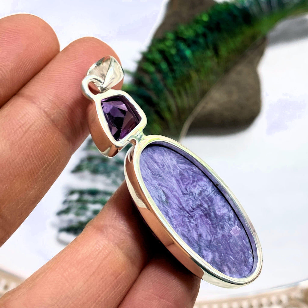 Beautiful Large Silky Purple Charoite & Faceted Amethyst Pendant In Sterling Silver (Includes Silver Chain) - Earth Family Crystals