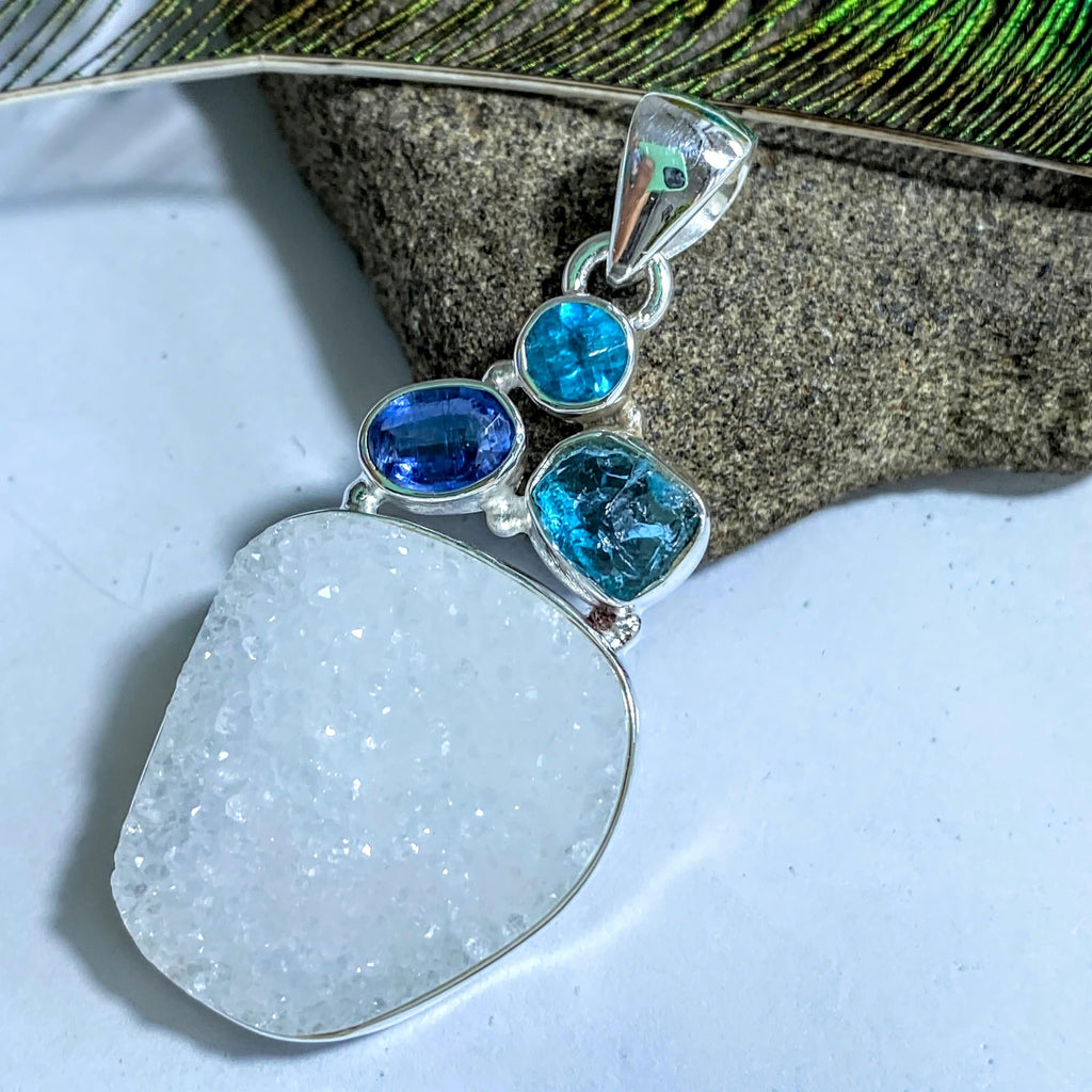 Stunning Sparkle Quartz Druzy, Blue Apatite & Faceted Blue Kyanite Sterling Silver Pendant (Includes Silver Chain) - Earth Family Crystals