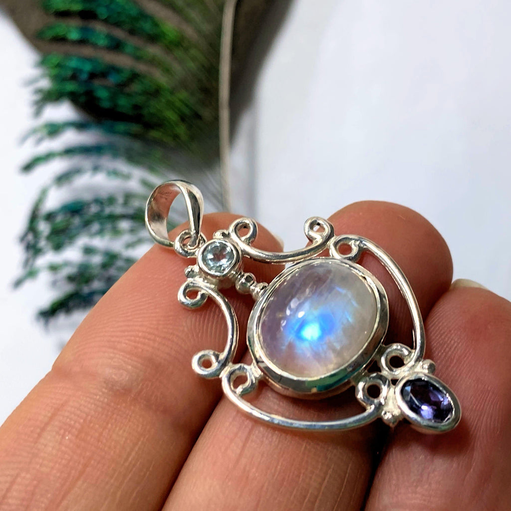 Rainbow Moonstone, Blue Topaz & Iolite Sterling Silver Pendant (Includes Silver Chain) - Earth Family Crystals