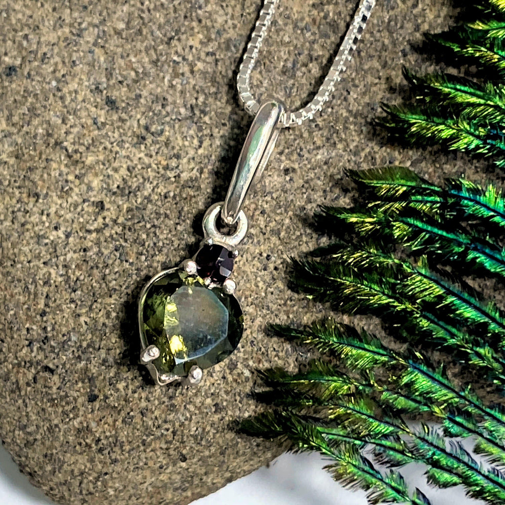 Genuine Faceted Dainty Moldavite & Garnet Sweet Heart Sterling Silver Pendant  (Includes 17 chain) - Earth Family Crystals