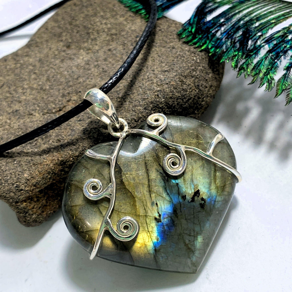 Chunky Labradorite Heart Sterling Silver Pendant (On adjustable Cord) #1 - Earth Family Crystals