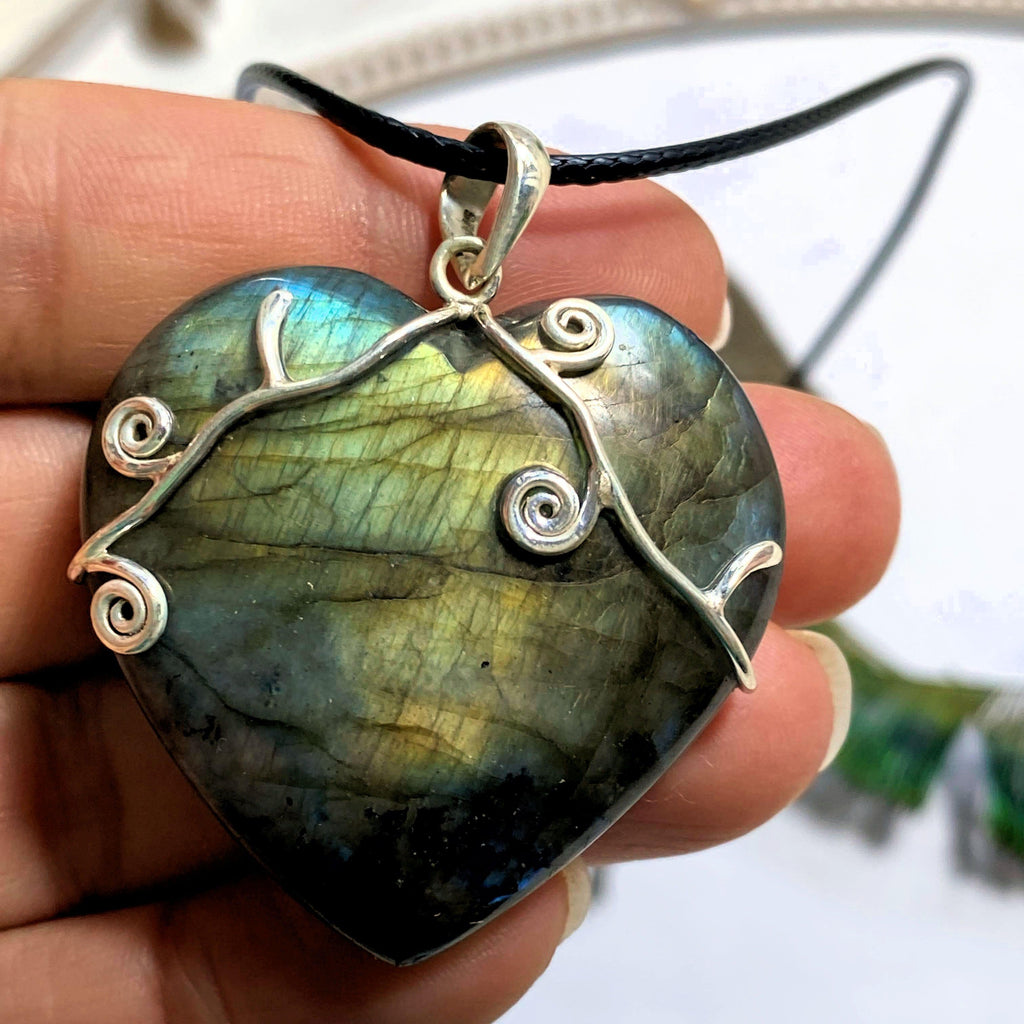 Chunky Labradorite Heart Sterling Silver Pendant (On adjustable Cord) #2 - Earth Family Crystals