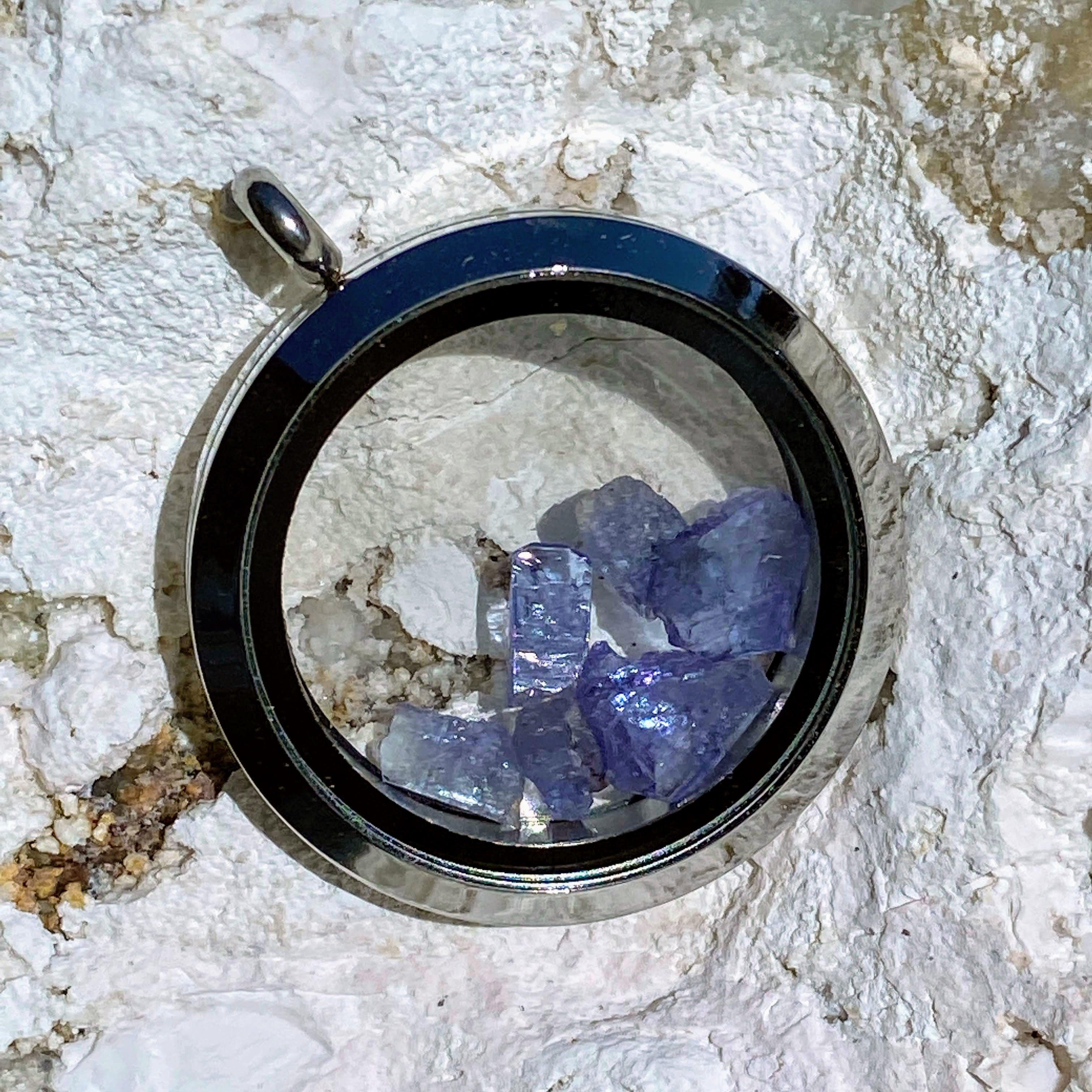 Rare Tanzanite Floating Crystals in Stainless steel/Glass Locket pendant (Includes Silver Chain) - Earth Family Crystals